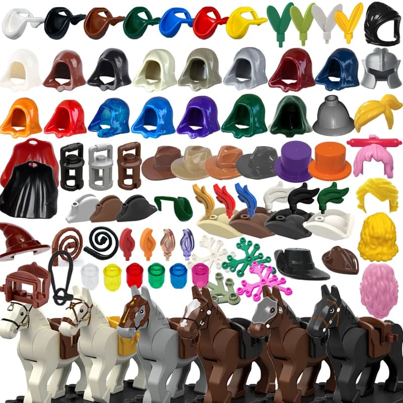 MOC Building Blocks Set Bricks Cowboy Pirate Triangle Hat Feather Headdress Hooded Cloak Knight Warhorses Kids Particle DIY Toys