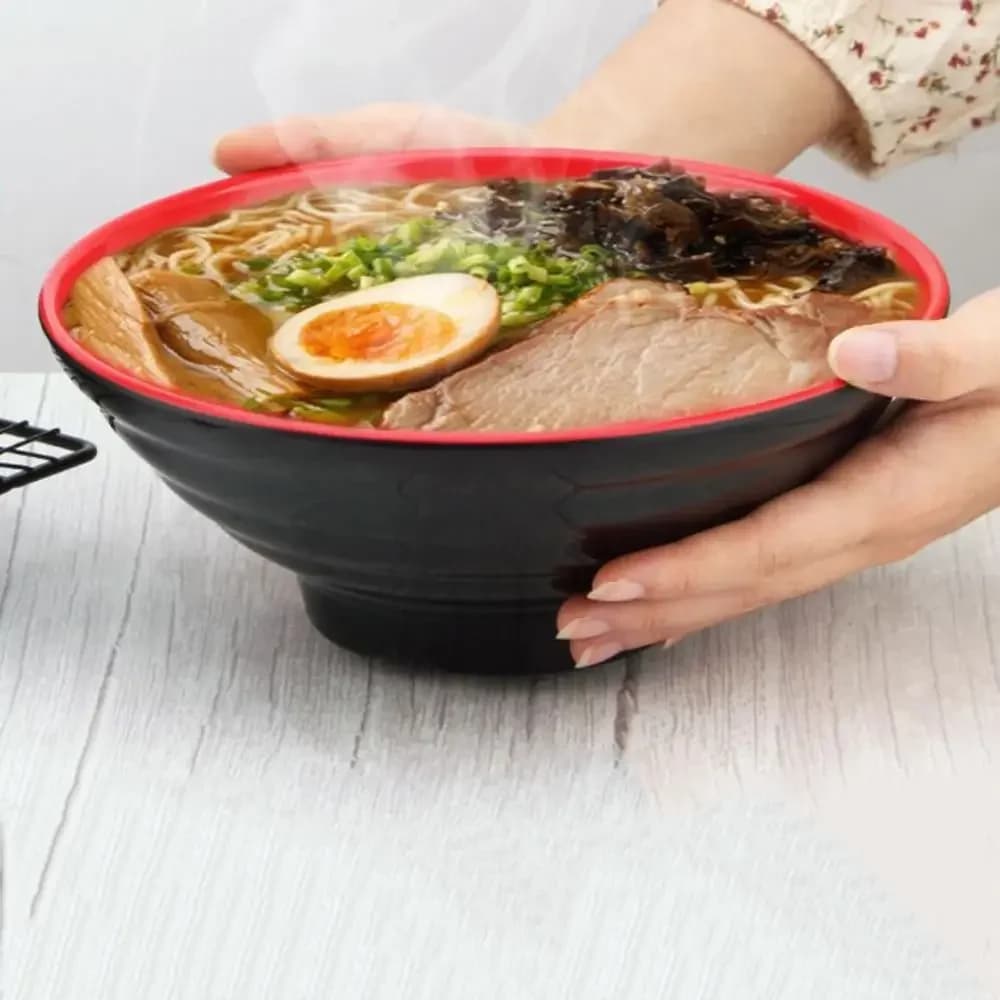 Household Melamine Ramen Bowl Red and Black Ring Striped Pattern Fruit Salad Bowl Heat Safe Japanese Style Soup Bowl Commercial