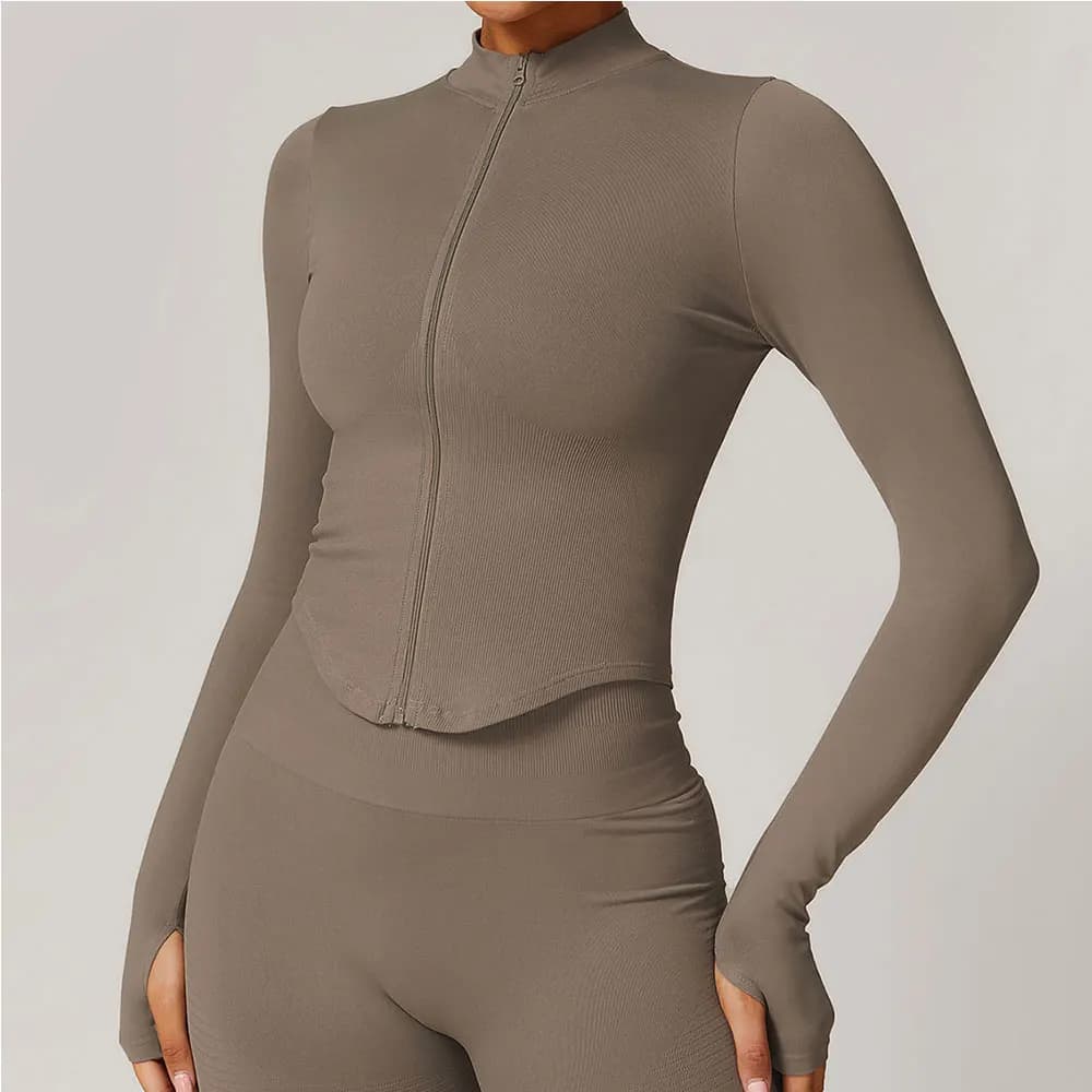 Ribbed Yoga Tops Women's Standing Collar Yoga Long Sleeved Sports Jacket Running Training Fitness Top Gym Workout Running Shirt