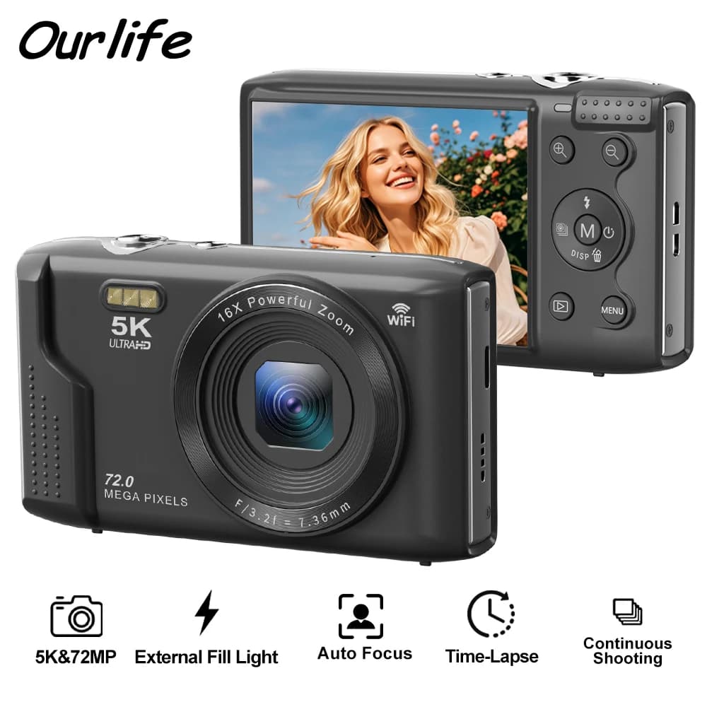 Ourlife Compact Digital Camera 5K 72MP 2.8'' Screen LCD Screen 16X Digital Zoom Vintage Photography Vlog Video Recorder YouTube