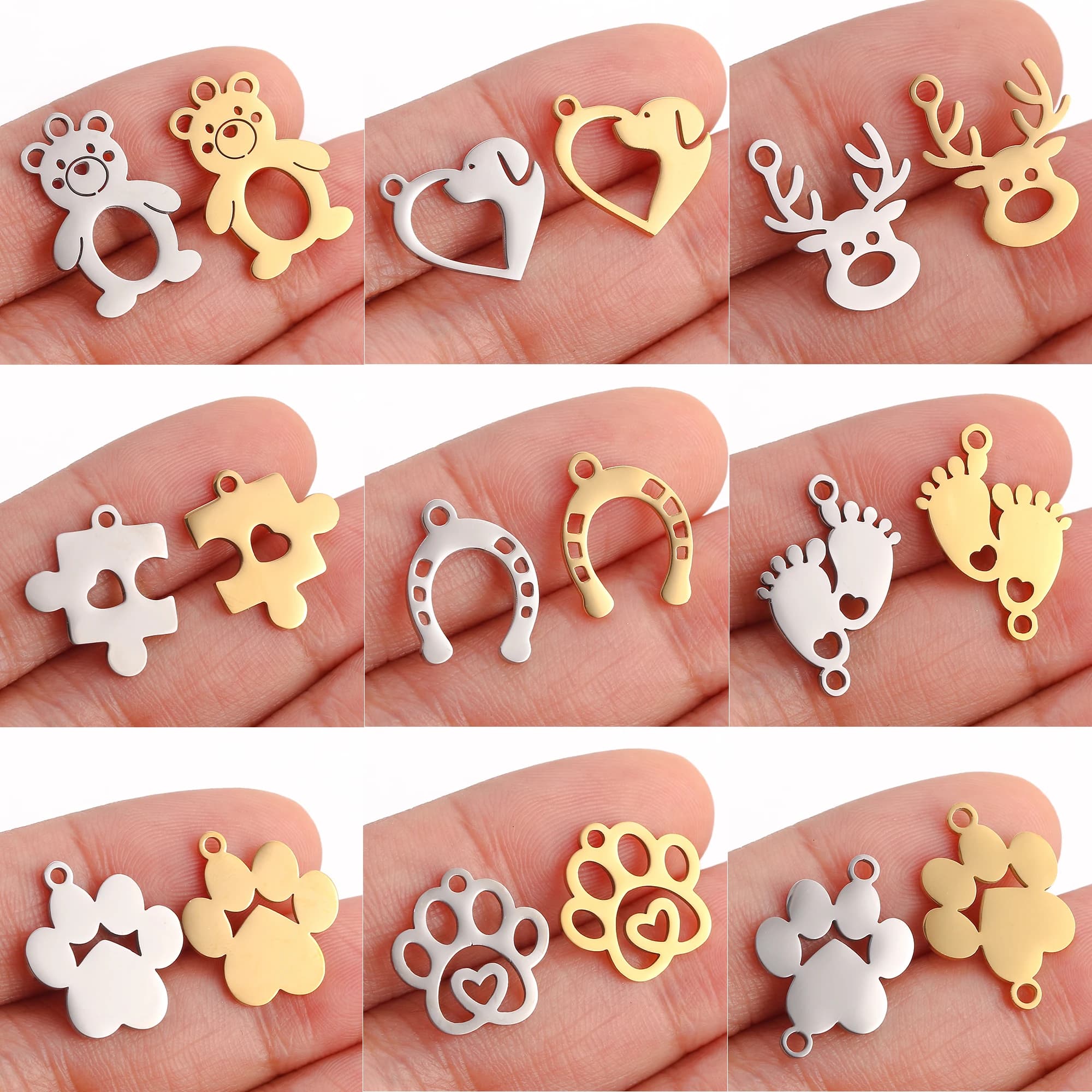 5Pcs/Lot Animal Theme Charms Cat Paw/Love Heart Dog Claw/ Horseshoe Stainless Steel Pendants DIY Crafts Jewelry Making Supplies