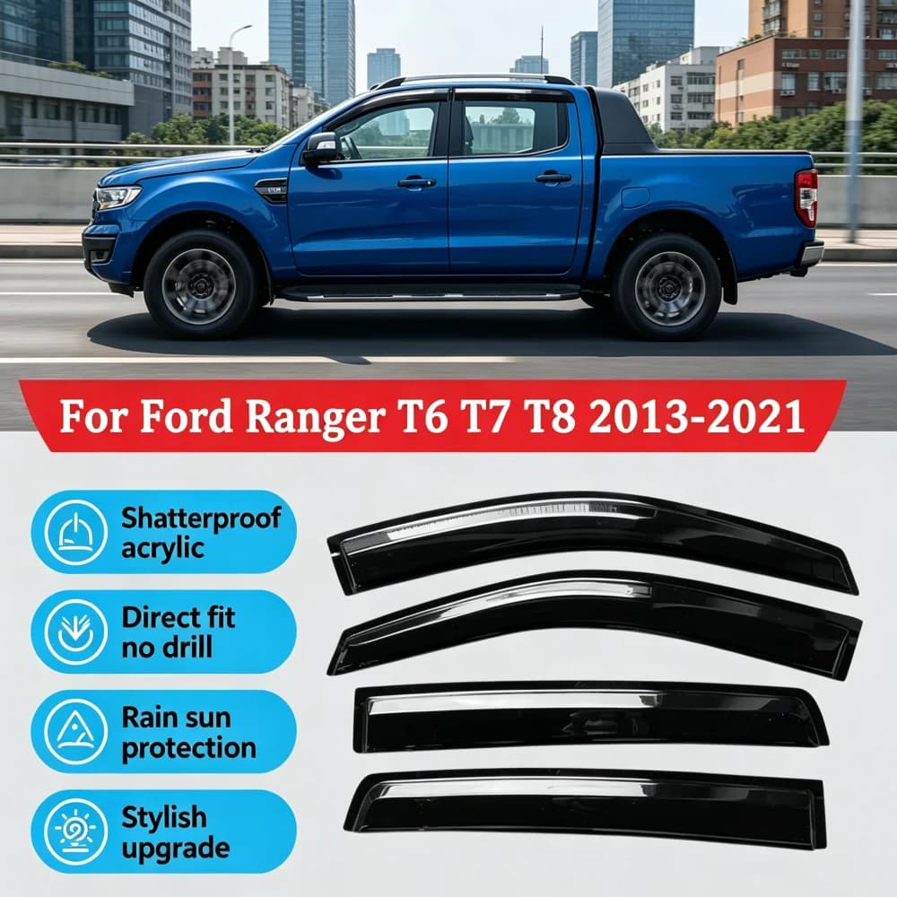 For 2013-2021 Ford Ranger T6 T7 T8 4 Door Side Window Visor Wind Deflector Rain Guard Sun Shade Vent Acrylic OEM Fit