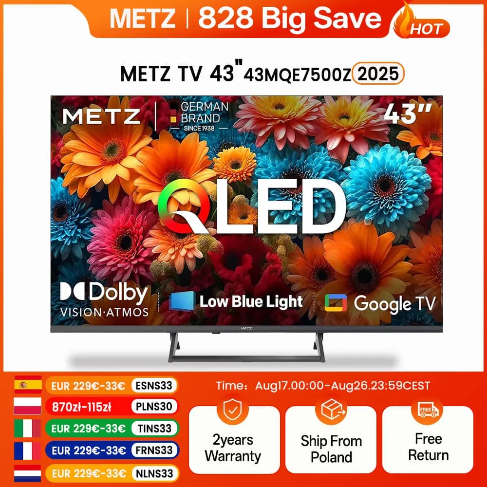 METZ QLED TV 43 Inch 4K Smart LED Google Tele HDR 10 MEMC DBX Dolby Atmos Game Hub EyeCare Tuner 2025 43MQF7500Z