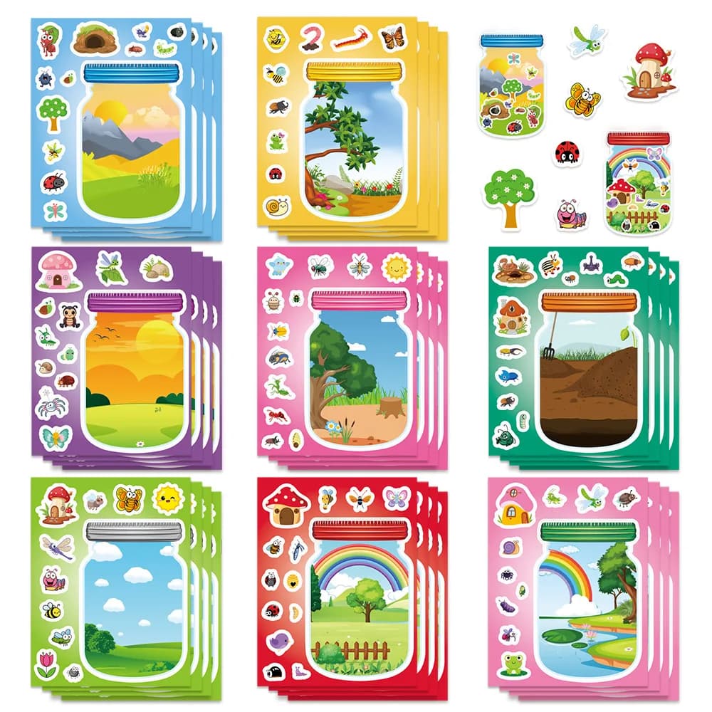 8/16PCS Cartoon Outdoor Bottle World Puzzle Stickers Animal Fun Landscape Stickers