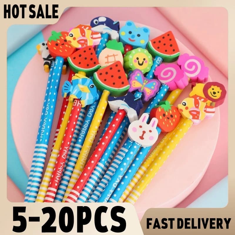 Cartoon With Eraser Pencil Cute Creative Stationery Gifts For Kindergarten Pupils Office School Supplies HB 5/10/20/50Pcs