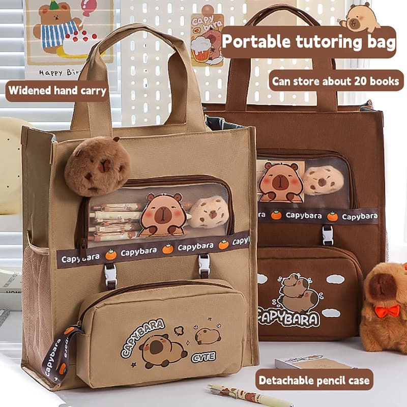 Kawaii Capybara Tutoring Bag, Primary School Student Canvas Storage File Bag, Cartoon Printing Large Capacity Tutoring Bag