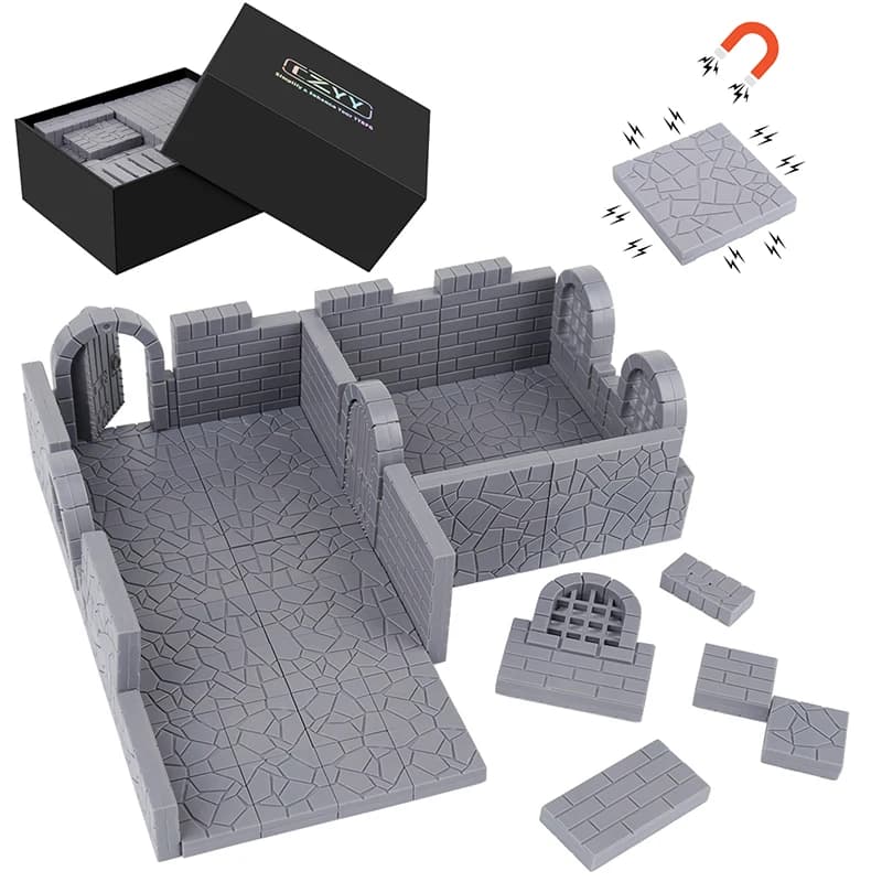 Magnetic Dungeon Tiles Set – 58 PCS Modular & Paintable Terrain Kit with Double-Sided Textured Floors– Build 3D Battle Maps