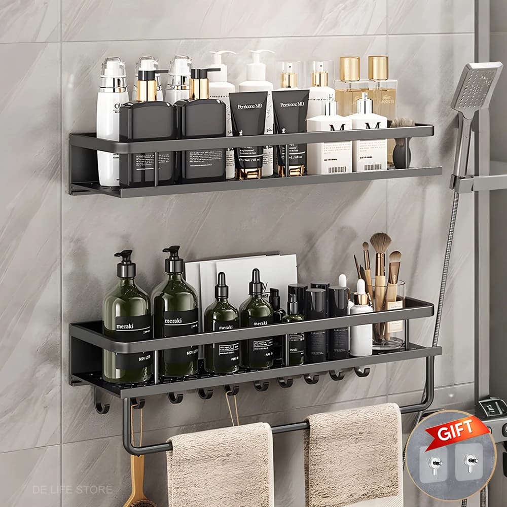 Aluminum Shower Organiser Bathroom Shelf Without Drilling Gray Wall Toilet Storage Shelf Shampoo Holder Bathroom Accessories