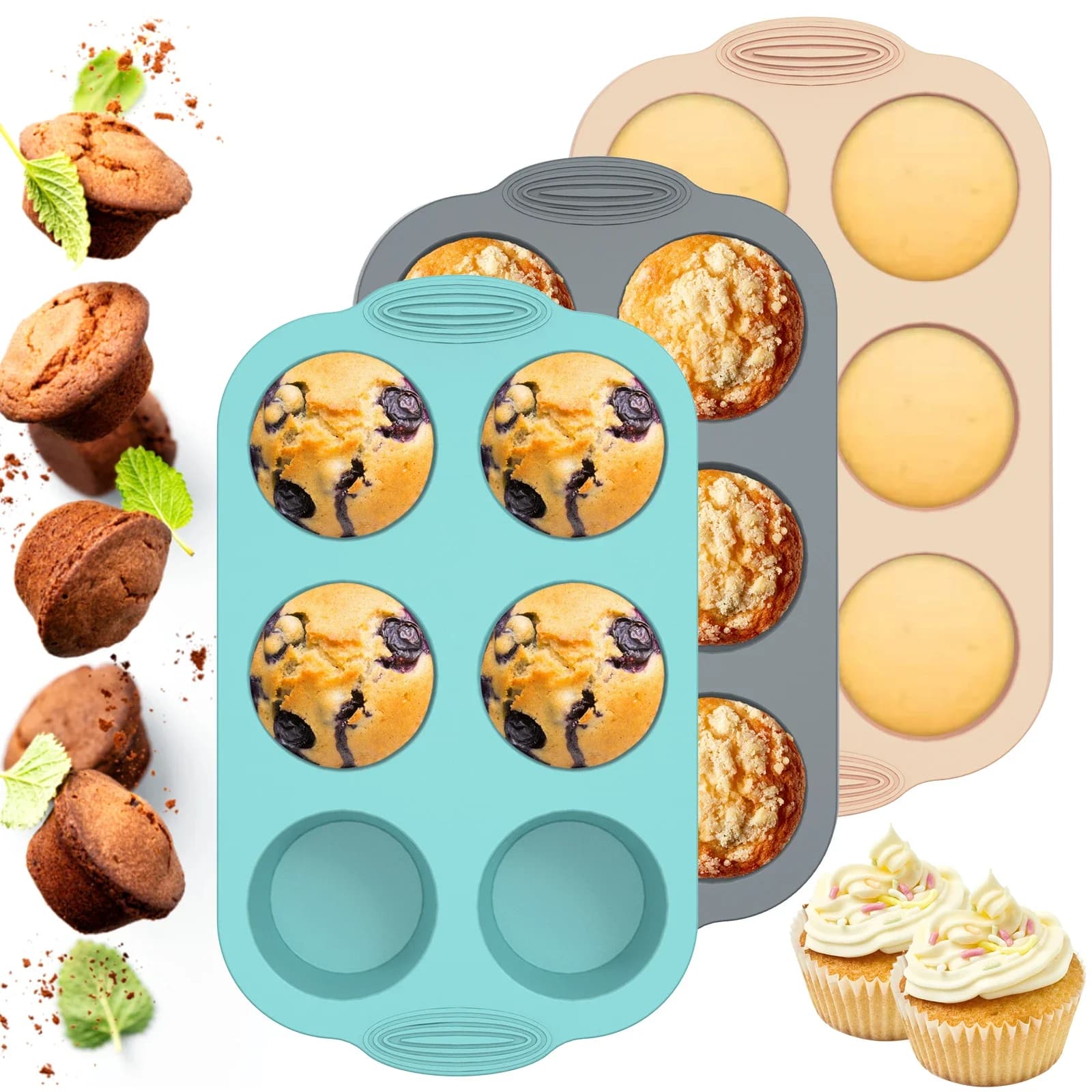 6 Cup Silicone Muffin Pan 6-Cavity Baking Tray Non-Stick Muffin Cake Mold Temperature Resistant Cupcake Biscuit Baking Tools