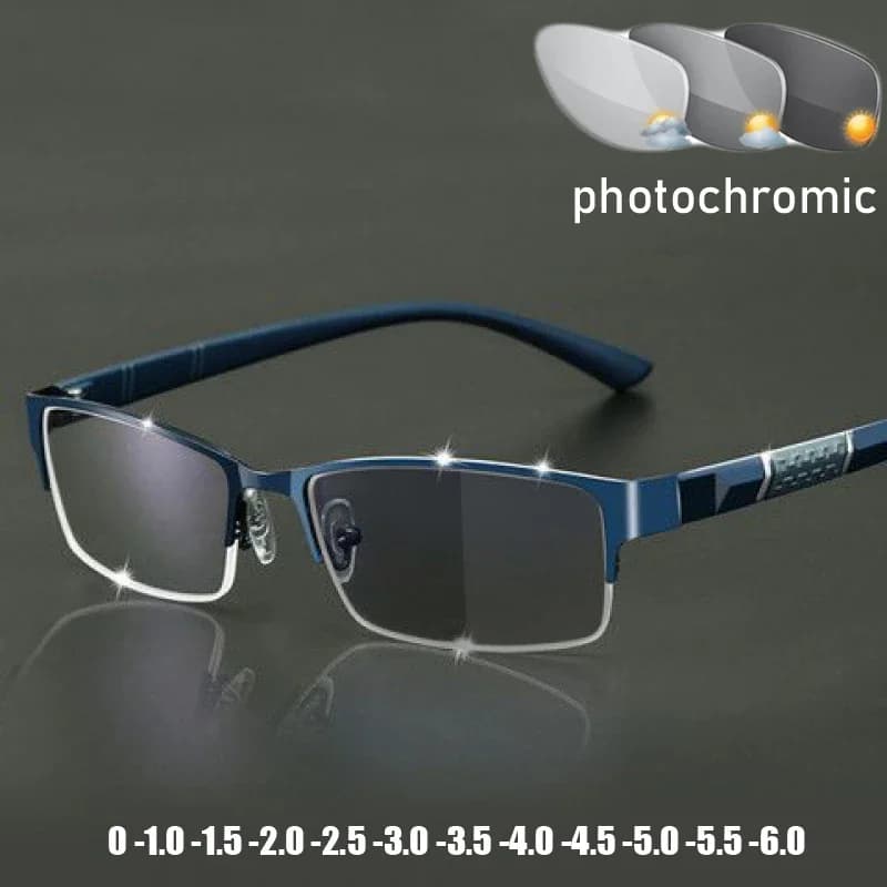 Business Men's Photochromic Myopia Glasses Unisex Half Frame Square Near Sight Eyeglasses Optical Prescription Minus Eyewear