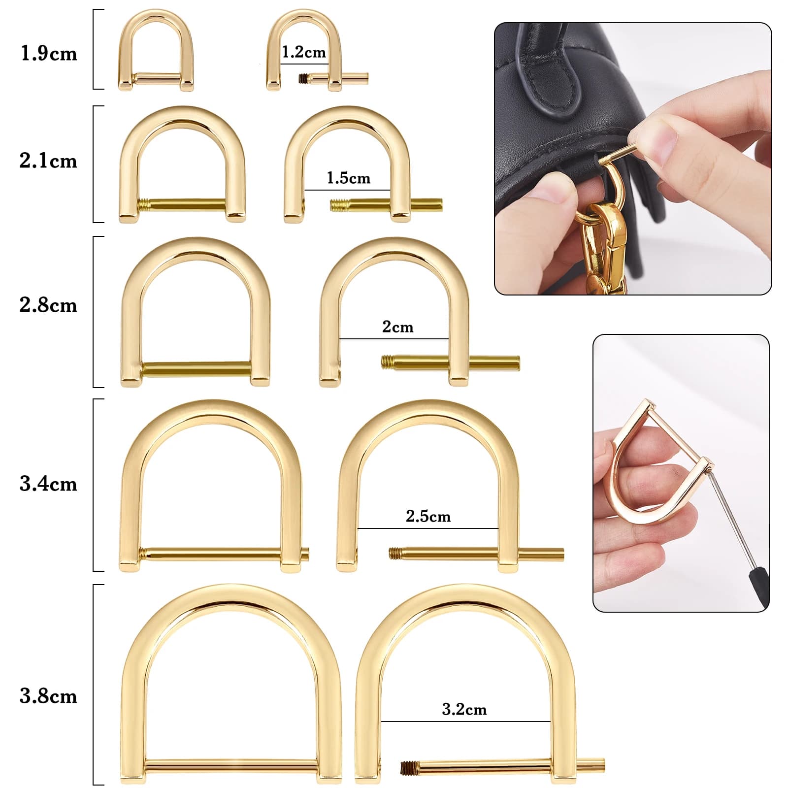 2Pcs 0.9-3.2cm Detachable D-Buckle Metal Opening D Ring Buckle  Carabiner Clasp For Leather Craft Belt Strap Handle Shoulder Bag