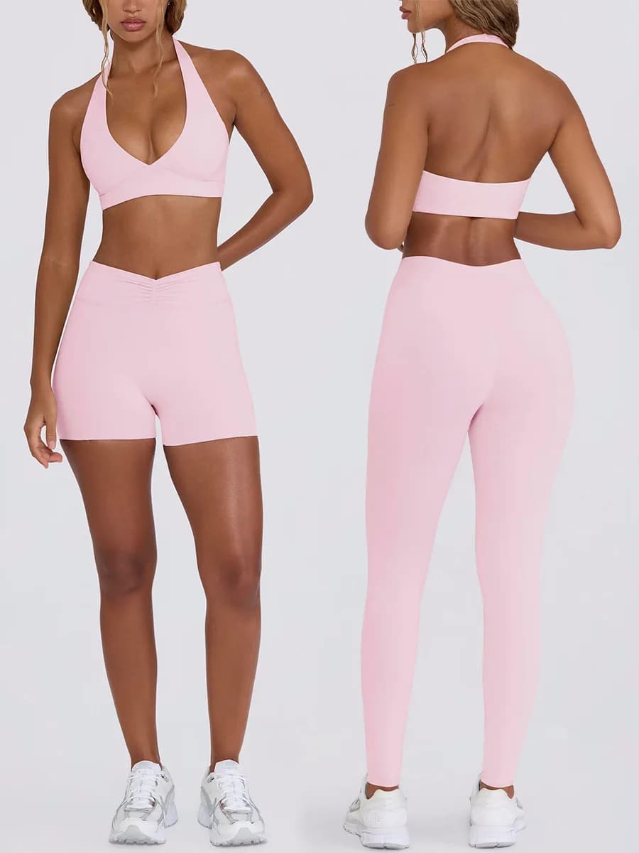 SEEKSUC Women's Yoga Suits Quick Drying Leggings Gym Shorts Nude Hanging Neck Bra Running Gym Exercise Sets