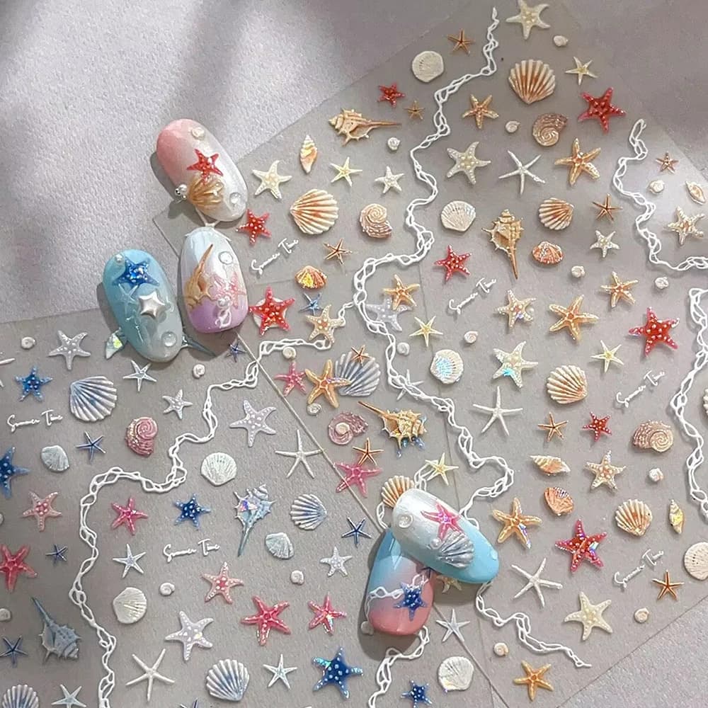 Summer Sea Theme Nail Art Stickers Shiny Shells Starfish Mermaid Conch Beach Nail Decals 5D Embossed Self Adhesive Slider
