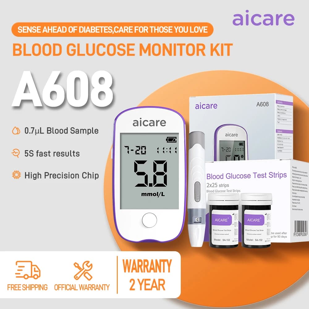Aicare Blood Glucose Monitor Blood Sugar Test Kit Diabetes Home Glucometer with 50/100/200pcs Test Strips Lancets 0.6μL Sample