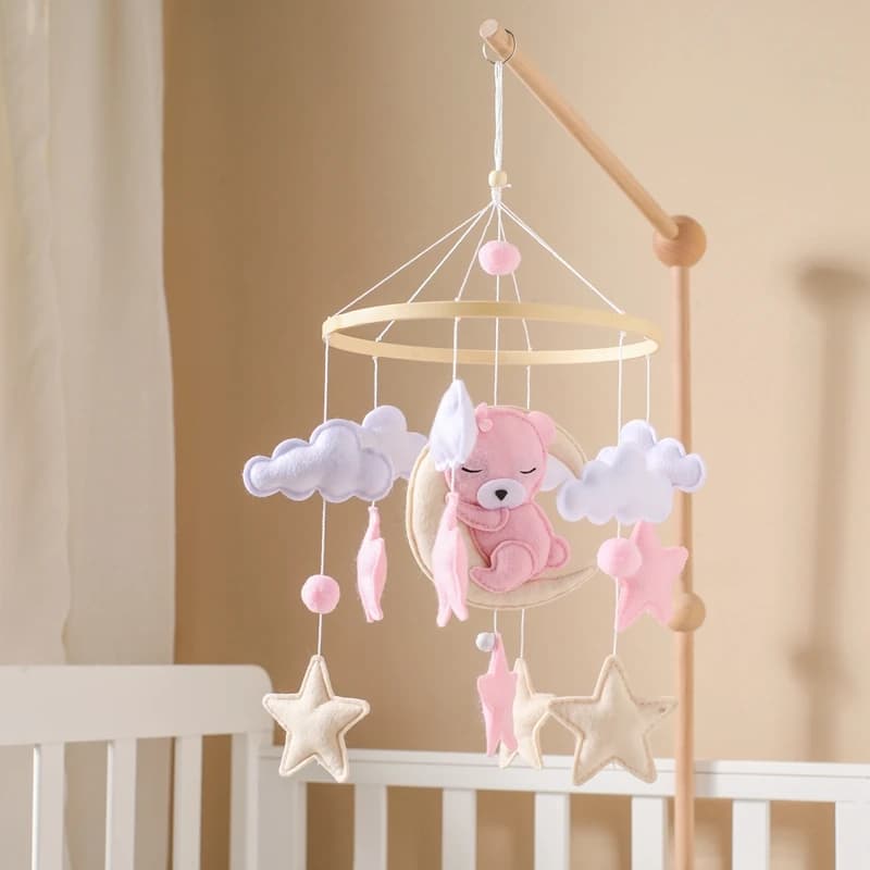 Crib Mobile Rattle Baby Wooden Bed Bell Baby Rattles Soft Felt Cartoon Bear Toys Crib Mobile Bed Bell Wood Toy Bracket Kid Gifts