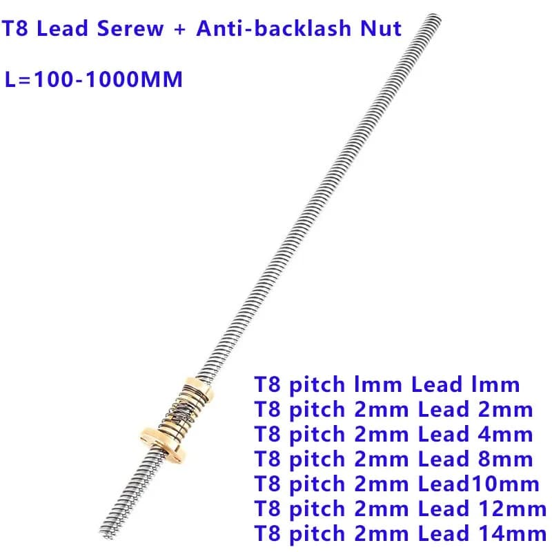 1Set T8 Lead Screw with T8 Anti-backlash Nut Spring Loaded Nut Elimination Gap Nut for T-Type Thread 8mm Trapezoidal 3D Parts