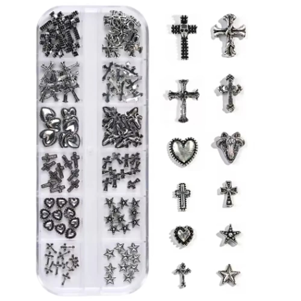 120 pcs / 1 box European American dark vintage style cross nail art patch y2k Premium Metal Style Heart Nail Metal Decorment Set