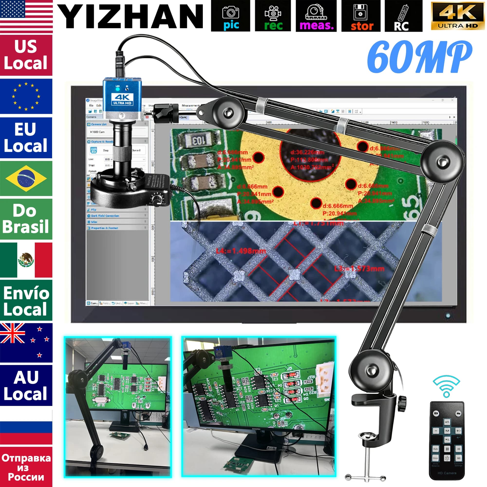 4K 60MP Industrial Microscope With Enhanced Stand, 150X Digital Video Microscope With USB-C HDMI Port For PCB Soldering Repair