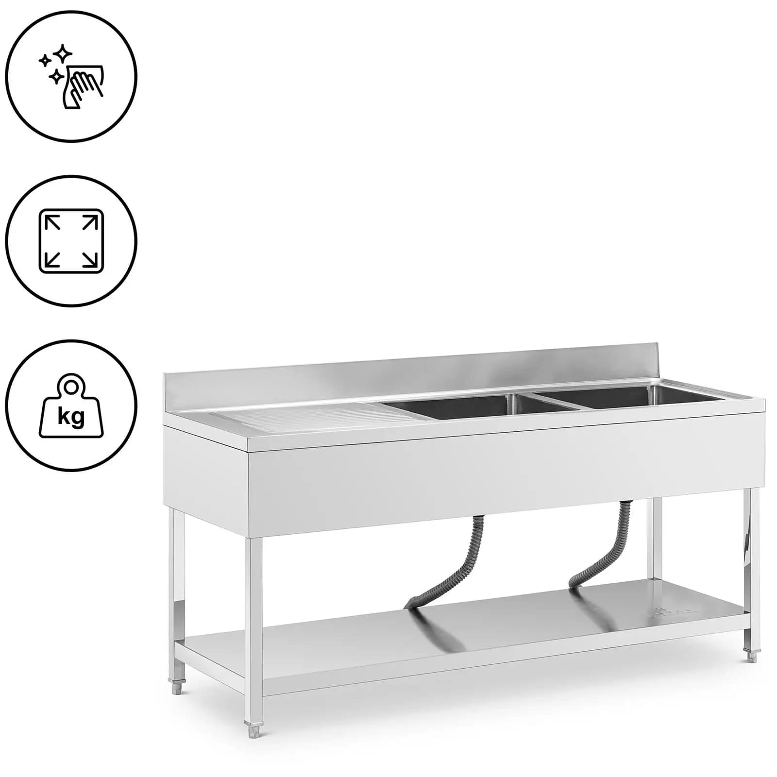 Mycí stůl - 2 dřezy - ušlechtilá ocel - 180 x 60 cm - Royal Catering RCGS-2B1800D6