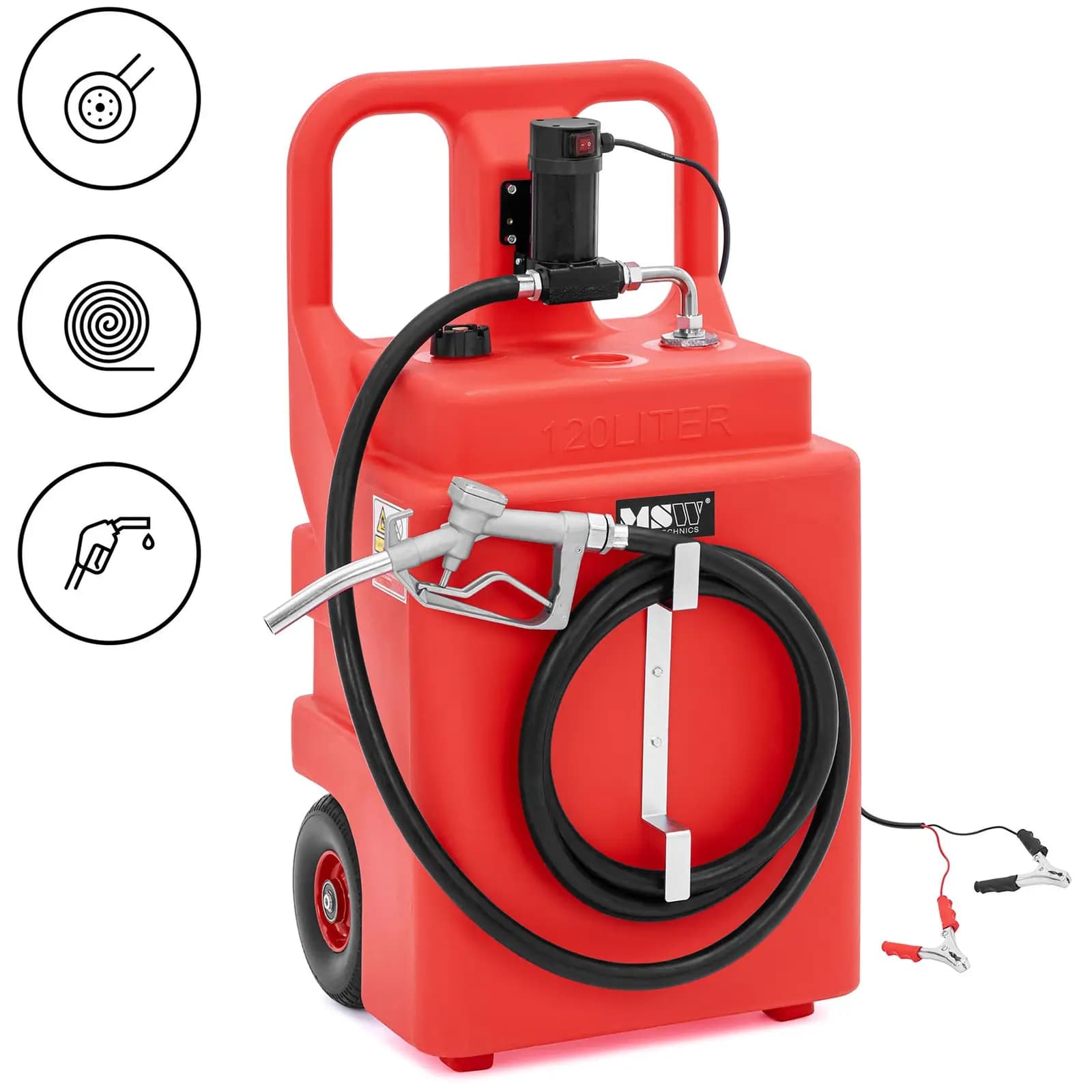 MSW Mobilní čerpací stanice - s elektrickým čerpadlem, výdejní pistolí a koly - 120 l - 40 l/min MSW-PFT-120-D