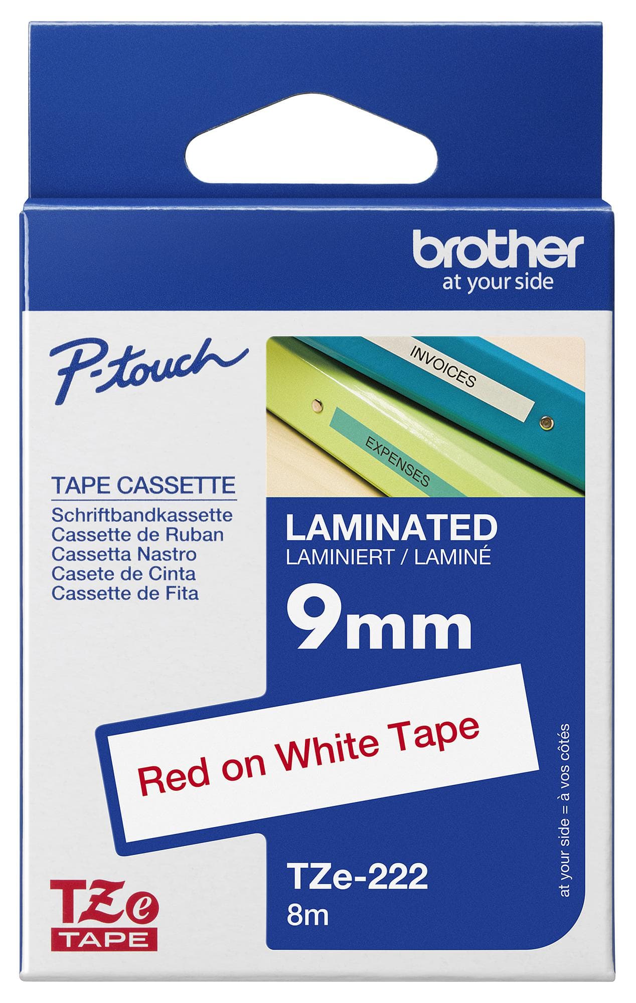 Brother Tze-222 Tape, Red On White, 9Mm W, 8M L