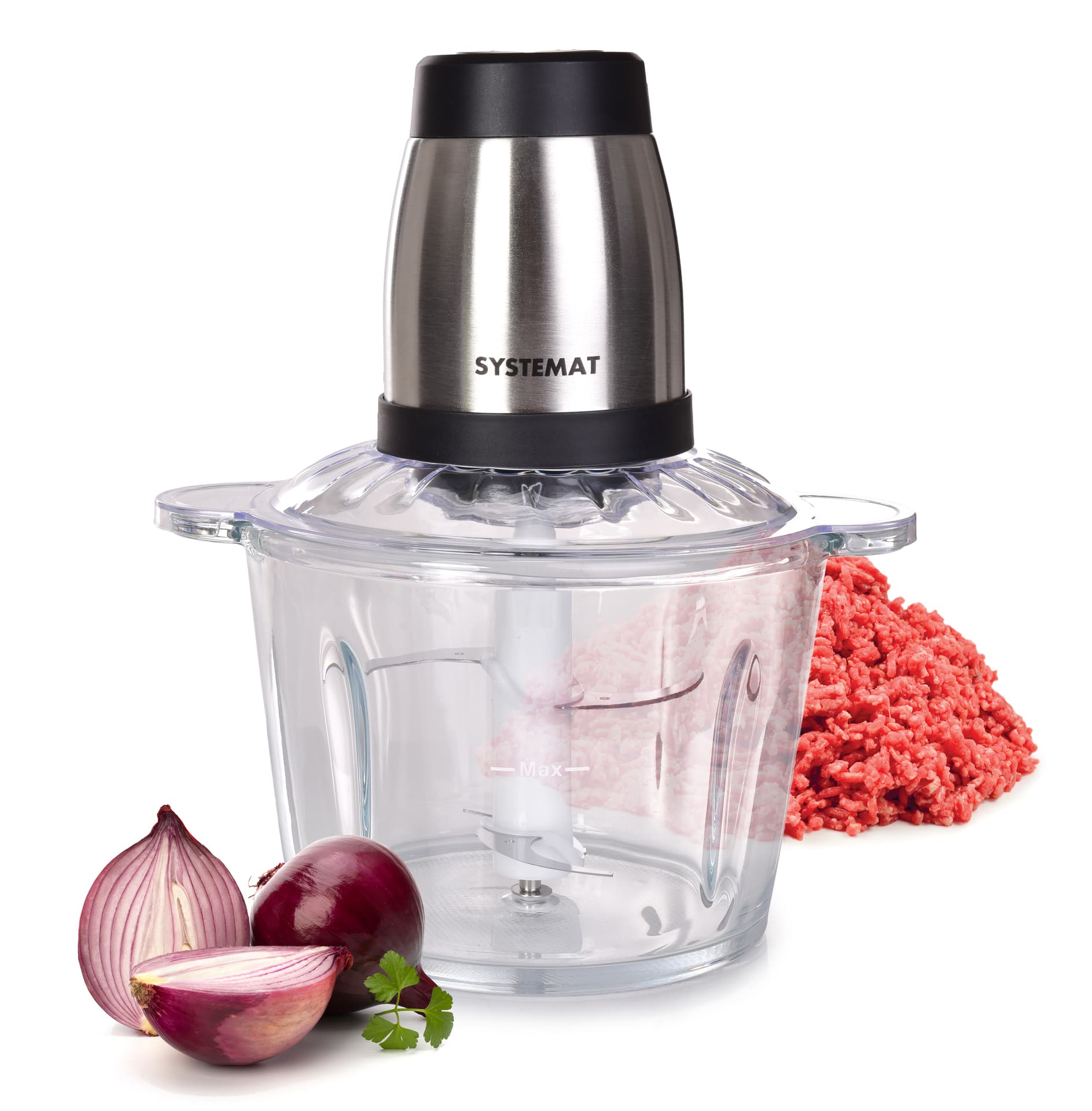 MAXISEKÁTOR | Sekáček potravin se skleněnou mísou 2,5 L | 300 W | 2 rychlosti & čtyřčepel