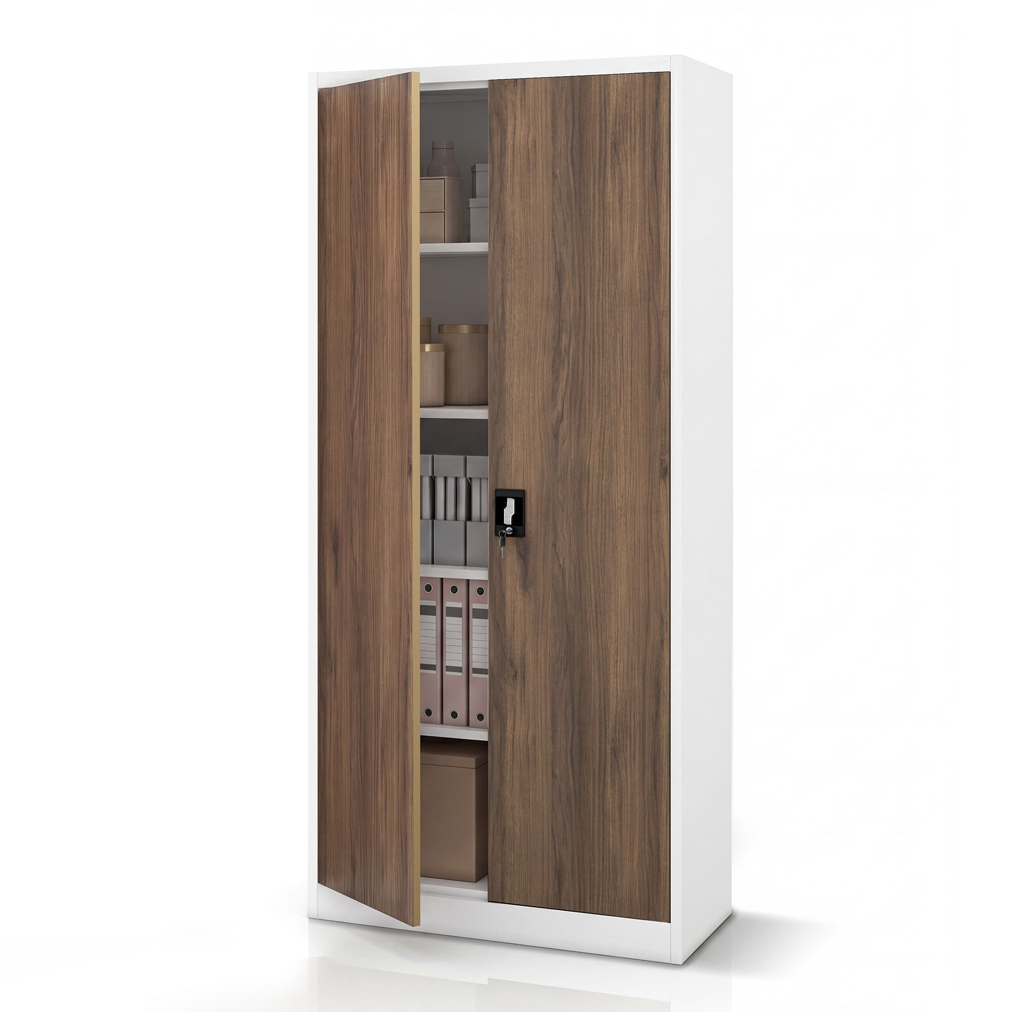 Kovová kancelářská skříň na dokumenty bílá / ořech, 900x1950x400 mm: JAN H Eco Design