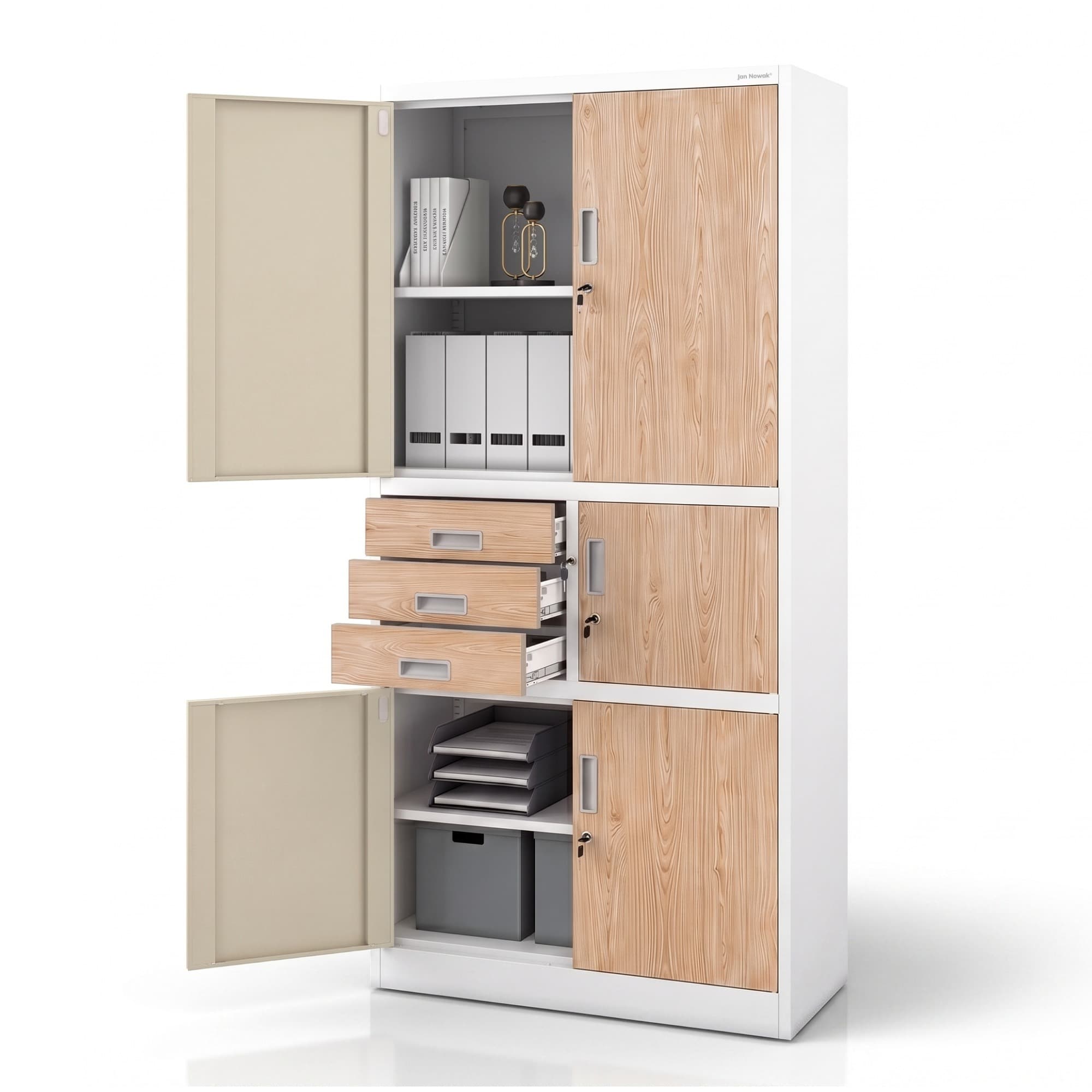 Kovová kancelářská skříň se sejfem bílá, dub sonoma, 900x1850x400 mm: FILIP II Eco Design
