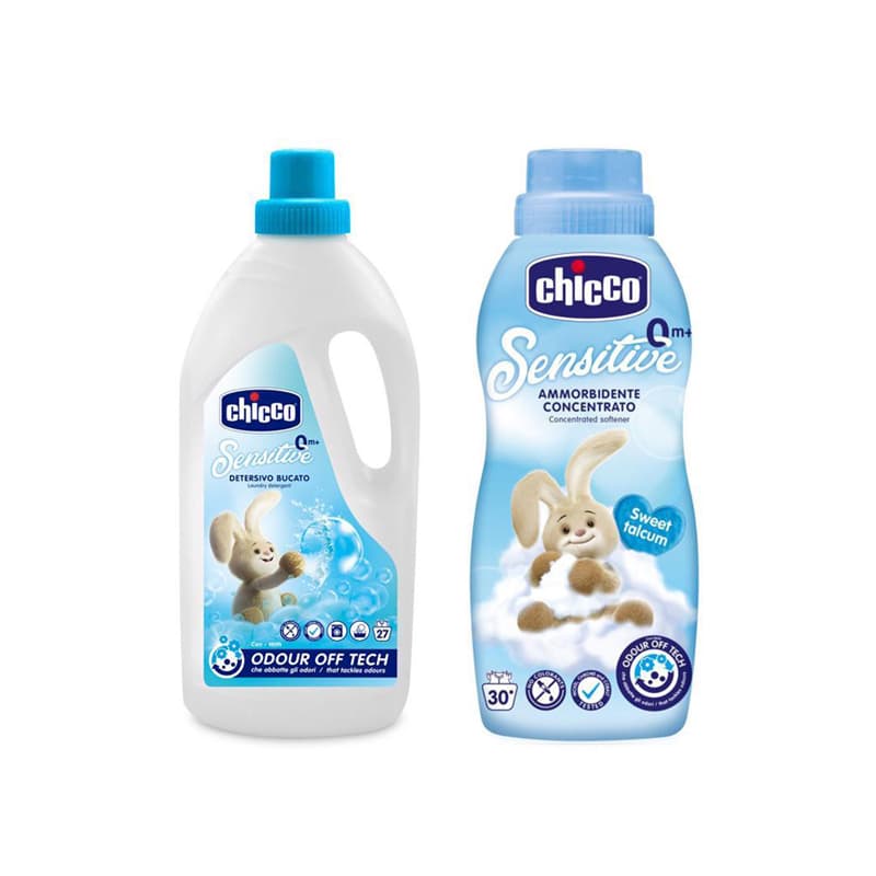 CHICCO Prací gel Baby Sensitive 1,5 l + Aviváž Baby Sensitive koncentrovaná Sladký pudr 750 ml
