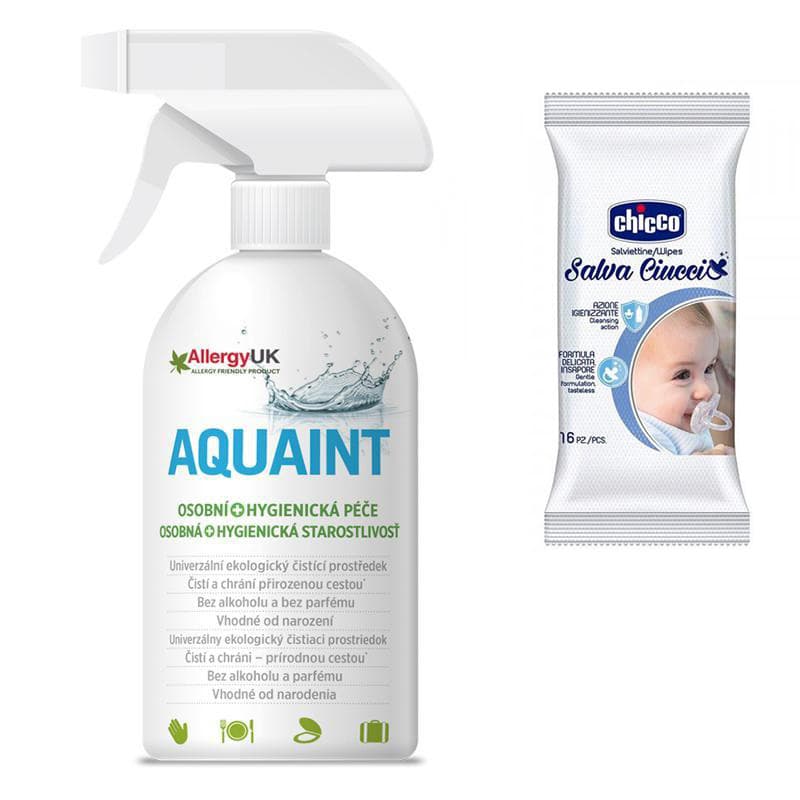 CHICCO Ubrousky vlhčené na dudlík 16 ks + AQUAINT 500 ml
