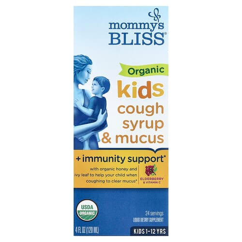 Mommy's Bliss, Organic Kids Cough Syrup & Mucus + Immunity Support, 1-12 Yrs, Elderberry, 4 fl oz (120 ml)