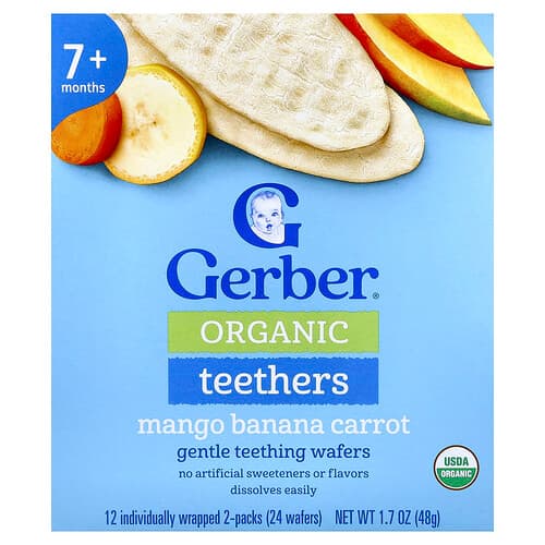 Gerber, Organic Teethers, Gentle Teething Wafers, 7+ Months, Mango Banana Carrot, 12 Individually Wrapped 2-Packs, 0.14 oz (4 g) Each