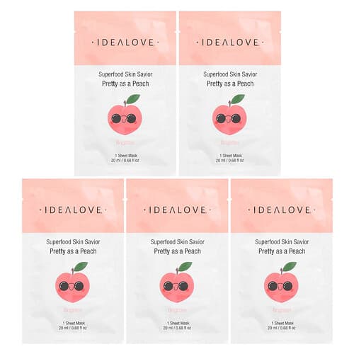 Idealove, Superfood Skin Savior, Pretty as a Peach, 5 Beauty Sheet Masks, 0.68 fl oz (20 ml) Each