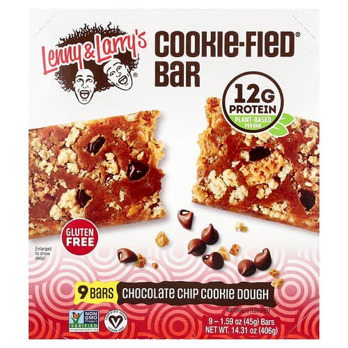 Lenny & Larry's, Cookie-Fied® Bar, Chocolate Chip Cookie Dough, 9 Bars, 1.59 oz (45 g) Each