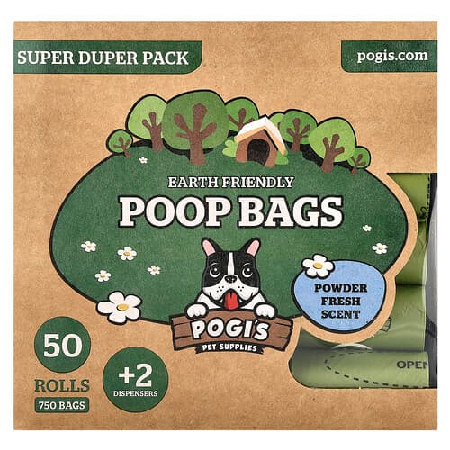 Pogi's Pet Supplies, Earth Friendly Poop Bags, Super Duper Pack, Powder Fresh, 50 Rolls, 750 Bags, 2 Dispensers