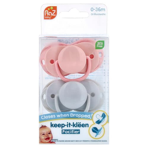 RaZbaby, Keep-It-Kleen Pacifier, 0-36m, Pink & Gray, 2 Pacifiers