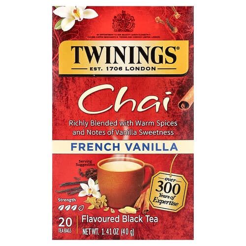 Twinings, Flavored Black Tea, Chai, French Vanilla, 20 Tea Bags, 1.41 oz (40 g)