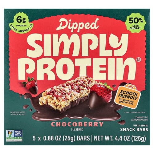 Simply Protein, Dipped Snack Bars, Chocoberry, 5 Bars, 0.88 oz (25 g) Each