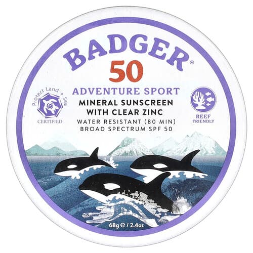Badger, Adventure Sport, Mineral Sunscreen with Clear Zinc, SPF 50, Unscented, 2.4 oz (68 g)