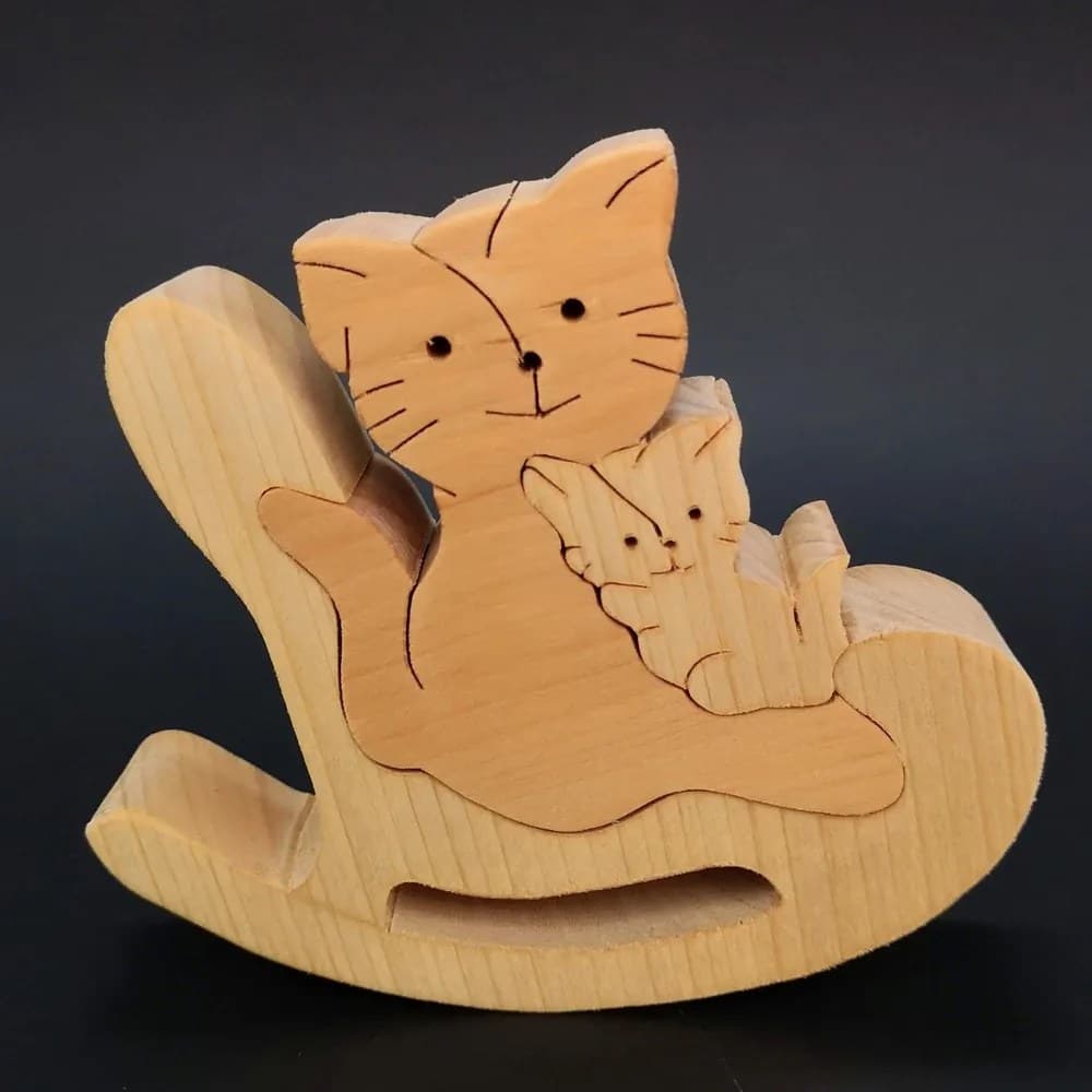 AMADEA Dřevěné puzzle houpací kočka, masivní dřevo dvou druhů dřevin, 14x11,5x3 cm
