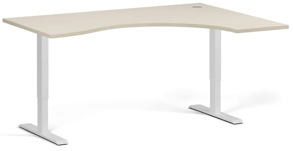 Ergonomický výškově nastavitelný stůl, 160x120 cm, 1 motor, L/P, bílá podnož, bříza