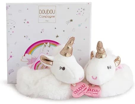 Doudou Dárková sada - Sada botiček s chrastítky jednorožec 0-6 měsíců
