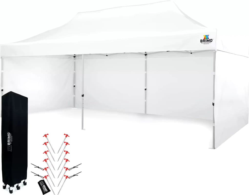BRIMO Párty stan 3x6m Nožnicový (3 stěny) - Ocelová Konstrukce a Plachta 330g/m² - s 3 stěnami - Bílá S. Ocel