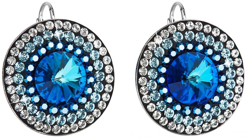 Stříbrné náušnice visací s krystaly Swarovski modré kulaté-rivoli 31208.5 Bermuda Blue