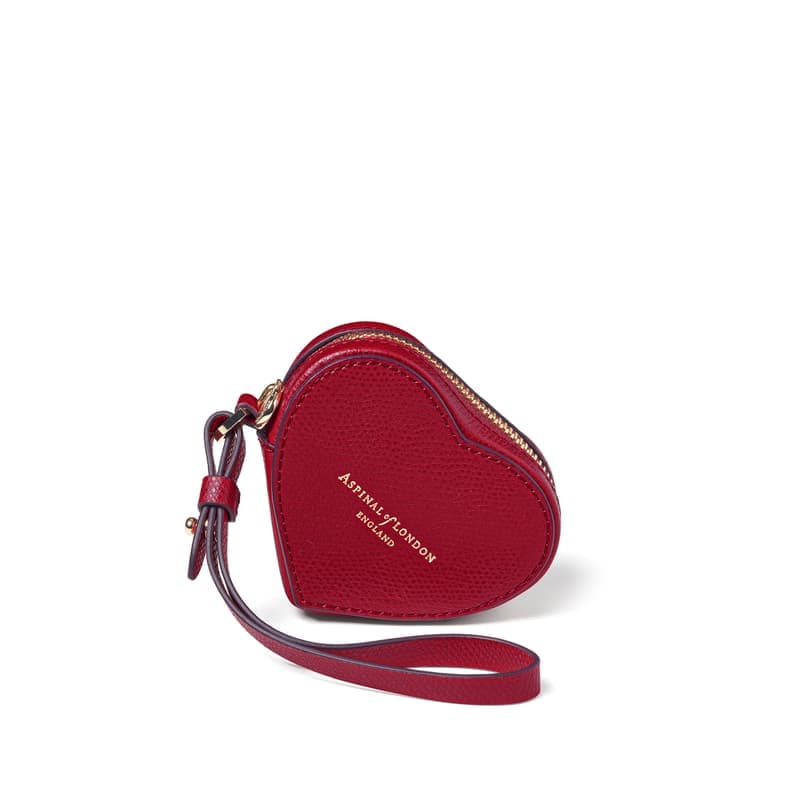 Aspinal of London Heart Zipped Bag Charm in Cherry Red Soft Saffiano