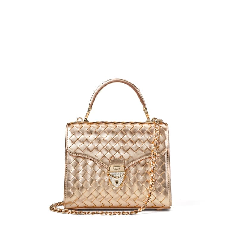 Aspinal of London Midi Mayfair® in Champagne Metallic Woven Leather