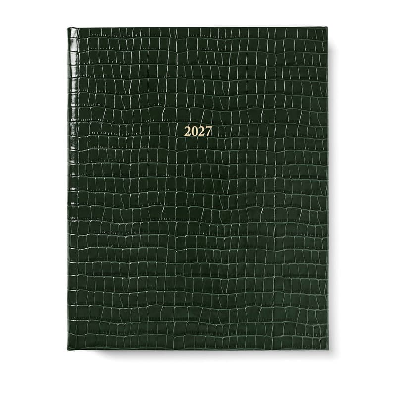 Aspinal of London 2027 A4 Week to View Diary in Deep Shine Evergreen Small Croc