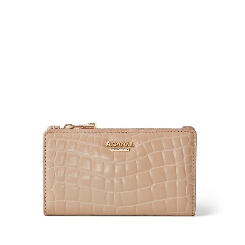 Aspinal of London Mayfair Coin & Card Leather Wallet in Soft Taupe Patent Croc
