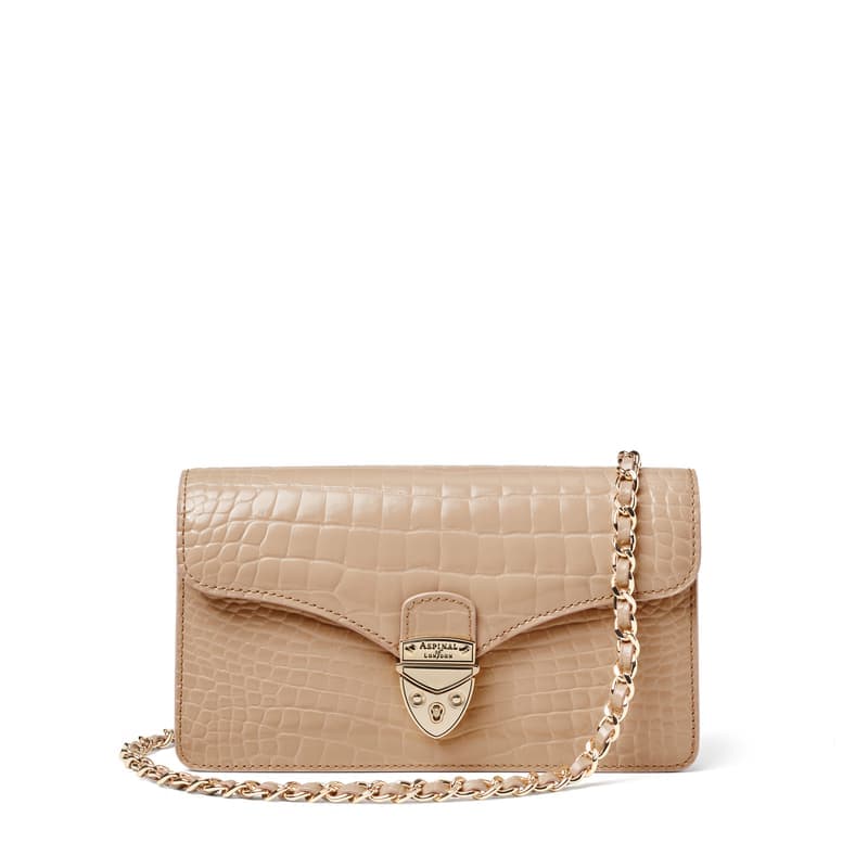 Aspinal of London Mayfair Clutch Bag in Soft Taupe Patent Croc