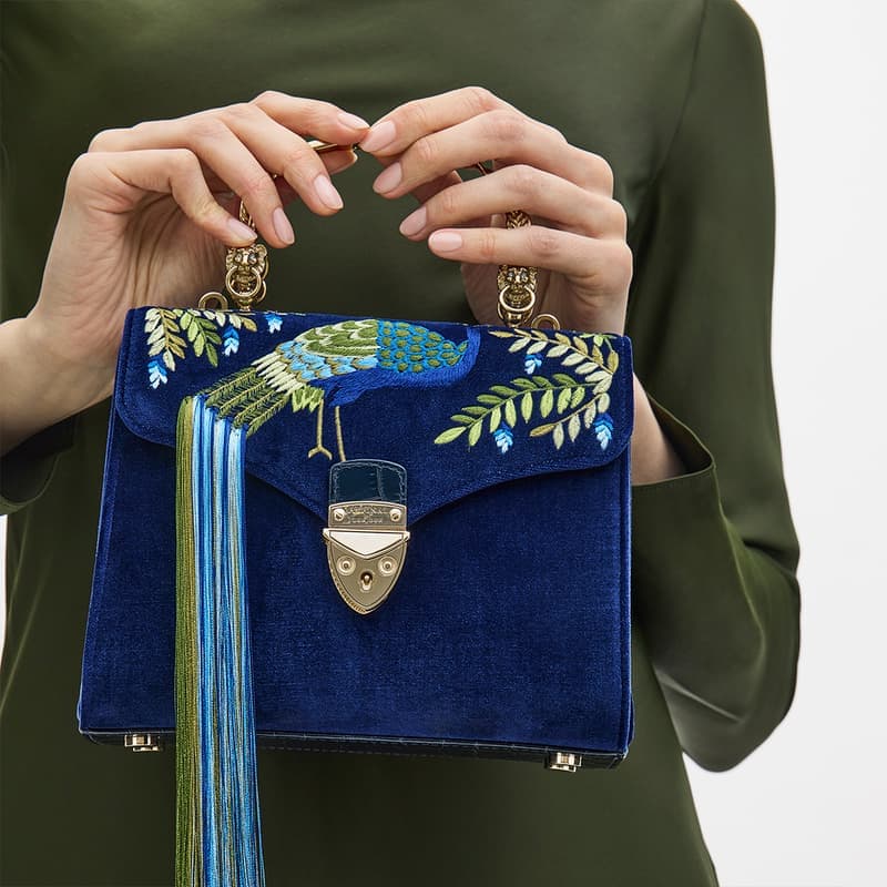 Aspinal of London Mayfair Midi Navy Blue and Green Velvet Leather Peacock Hand Embroidery Bag